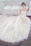 Luxurious Strapless Lace Tiered Skirt Hand Flowers Wedding Dresses Bridal Dress Weding Gown