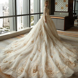 Luxury Long Sleeves Cathedral Train Lace A Line Wedding Dresses Bridal Dress Weding Gown