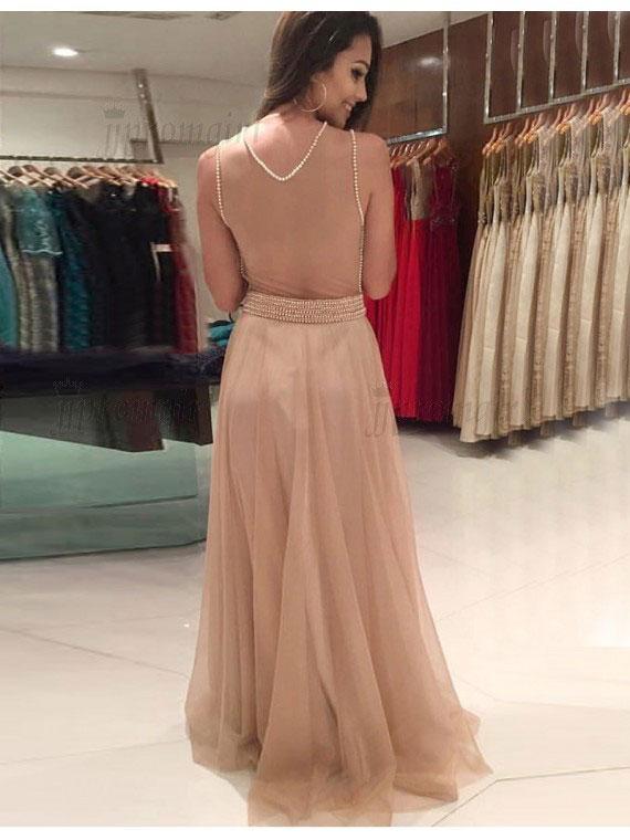 Stunning A Line See Through Back Beaded Sleeveless Prom Dress Evening Gown Party Dresses LD916