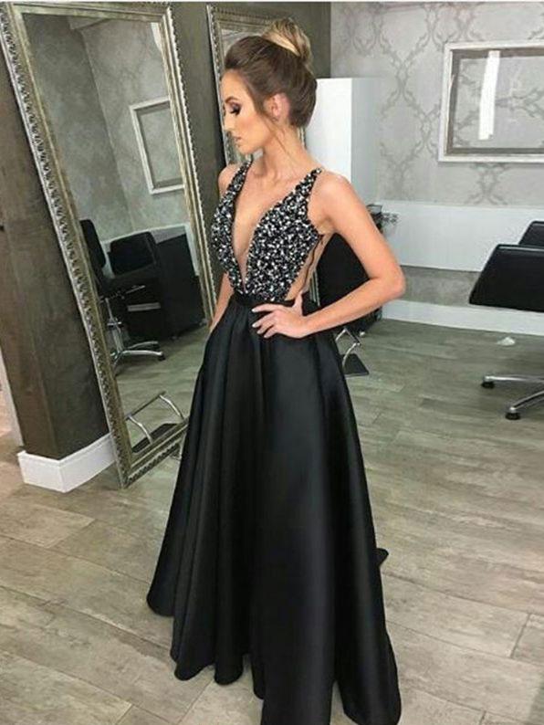 Fashion Deep V Neck Black Satin Long Prom Dresses Evening Gown Party Dress With Pocket
