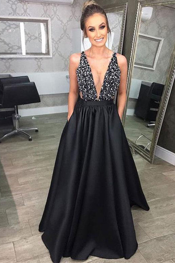 Fashion Deep V Neck Black Satin Long Prom Dresses Evening Gown Party Dress With Pocket