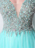 Off the Shoulder V Neck Sleeveless Aqua A Line Prom Dress Evening Gown Party Dresses