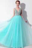 Off the Shoulder V Neck Sleeveless Aqua A Line Prom Dress Evening Gown Party Dresses