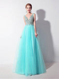 Off the Shoulder V Neck Sleeveless Aqua A Line Prom Dress Evening Gown Party Dresses