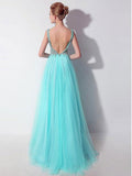 Off the Shoulder V Neck Sleeveless Aqua A Line Prom Dress Evening Gown Party Dresses