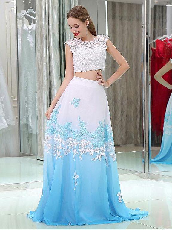 New Arrival 2 Pieces Cap Sleeves White Lace Acid Blue Ombre Prom Dresses Evening Dress