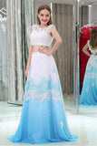 New Arrival 2 Pieces Cap Sleeves White Lace Acid Blue Ombre Prom Dresses Evening Dress