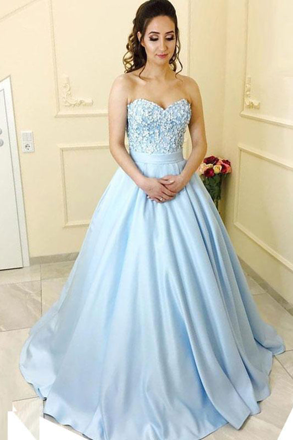 Sweetheart A Line Light Blue Satin Prom Dress Evening Gown Party Dresses