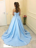 Sweetheart A Line Light Blue Satin Prom Dress Evening Gown Party Dresses