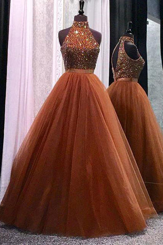 A Line Princess High Neck Beaded Tulle Backless Prom Dresses