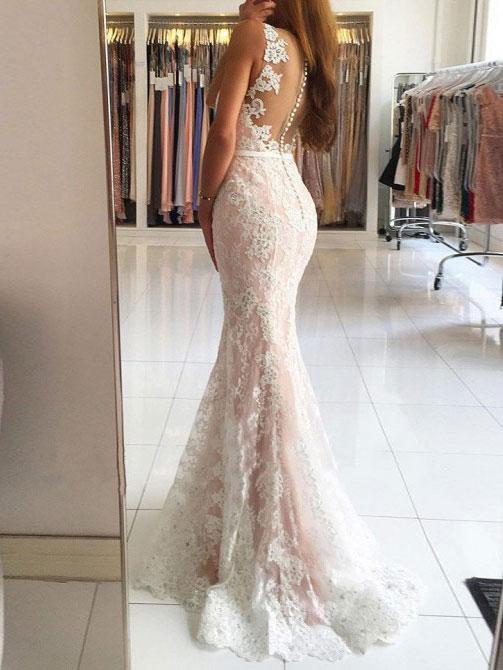 Chic V Neck Ivory Lace Skin Pink Satin Mermaid Prom Dresses Evening Gown Party Dress