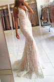 Chic V Neck Ivory Lace Skin Pink Satin Mermaid Prom Dresses Evening Gown Party Dress