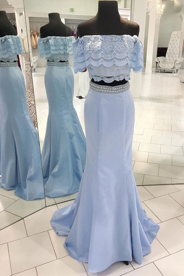 2 Pieces Light Blue Mermaid Lace Long Prom Dress Evening Gowns Party Dresses