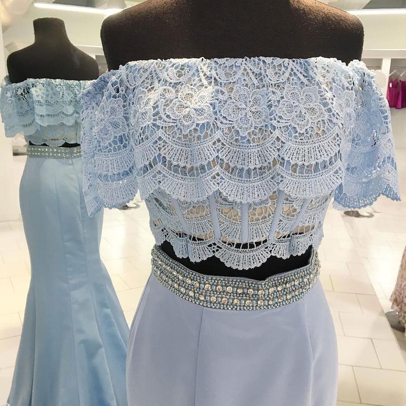 2 Pieces Light Blue Mermaid Lace Long Prom Dress Evening Gowns Party Dresses