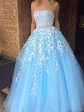 Fashion White Lace Sky Blue Tulle Strapess Prom Dresses Evening Gowns Graduation Dress