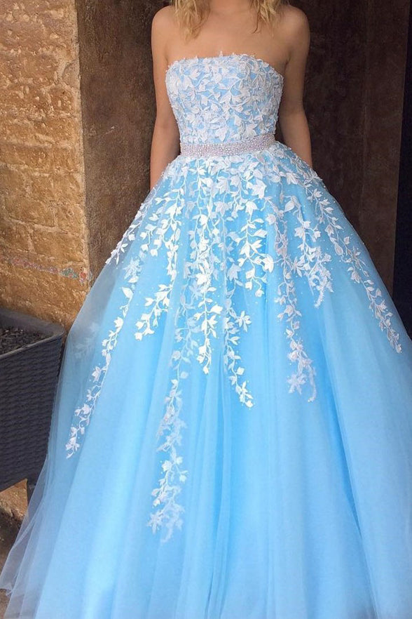 Fashion White Lace Sky Blue Tulle Strapess Prom Dresses Evening Gowns Graduation Dress