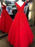 Off the Shoulder V Neck Red Lace Beaded Prom Dresses Evening Dress Party Gowns