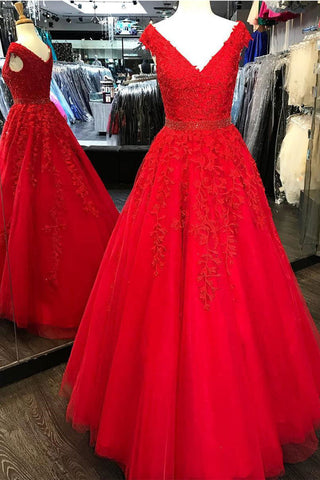 Off the Shoulder V Neck Red Lace Beaded Prom Dresses Evening Dress Party Gowns