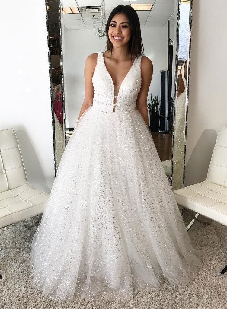 Chic Deep V Neck Off the Shoulder Sequin Ivory Ball Gown Prom Dresses Evening Party Dress
