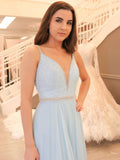 Light Blue V Neck Spaghetti Straps Backless Long Prom Dresses Evening Dress Party Gown