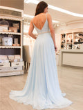 Light Blue V Neck Spaghetti Straps Backless Long Prom Dresses Evening Dress Party Gown