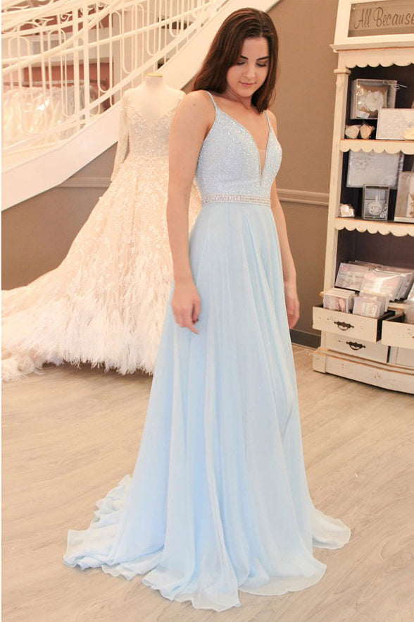 Light Blue V Neck Spaghetti Straps Backless Long Prom Dresses Evening Dress Party Gown