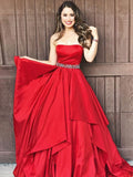 Fashion Red Strapless Tiered Skirt Prom Dresses Evening Dress Party Gowns With Beaded Belt