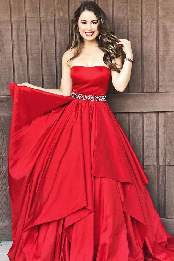 Fashion Red Strapless Tiered Skirt Prom Dresses Evening Dress Party Gowns With Beaded Belt