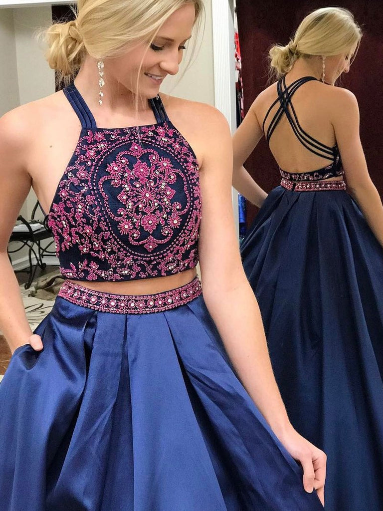 Chic 2 Pieces Backless Embroidery Navy Blue Ball Gown Prom Dresses Evening Dress