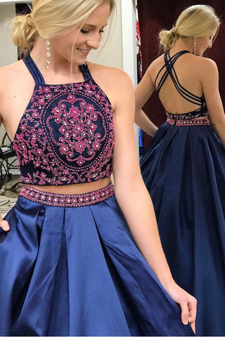 Chic 2 Pieces Backless Embroidery Navy Blue Ball Gown Prom Dresses Evening Dress