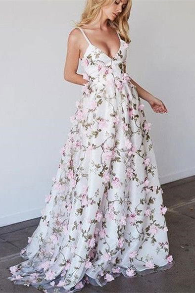 Princess Spaghetti Straps 3D Lace V Neck Empire Waist Prom Dresses Evening Party Dress