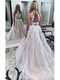 New Arrival White Lace Appliques Two Pieces Halter Backless Prom Dresses Evening Party Dress