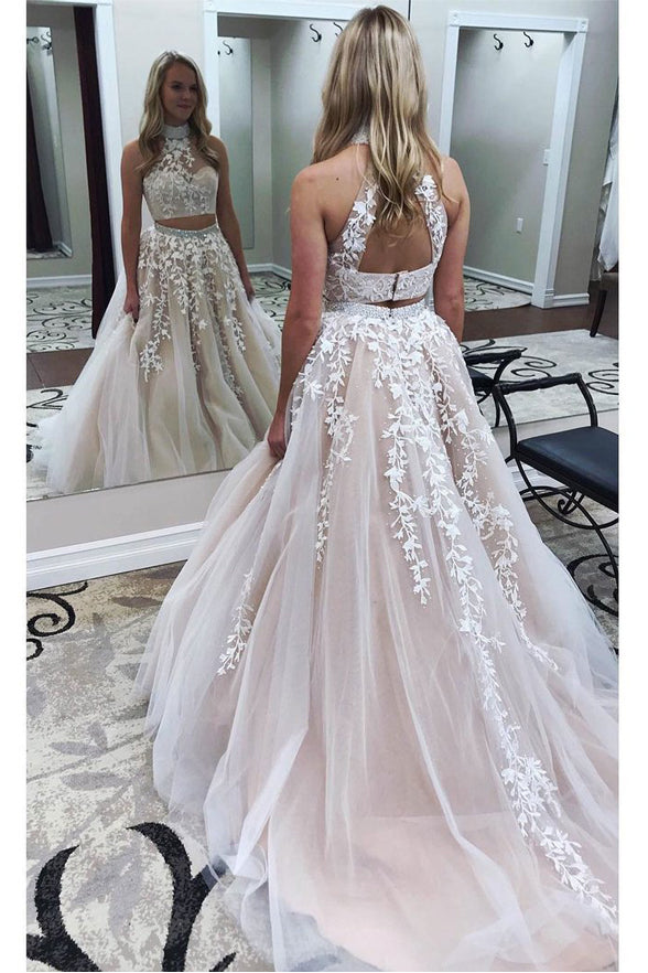 New Arrival White Lace Appliques Two Pieces Halter Backless Prom Dresses Evening Party Dress