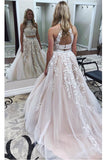New Arrival White Lace Appliques Two Pieces Halter Backless Prom Dresses Evening Party Dress