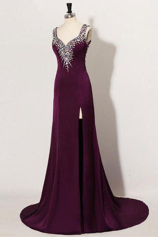Off the Shoulder Grape Mermaid Prom Dresses,V Neck Backless Slit Long Prom Dress