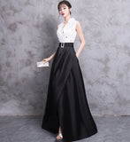 New Arrival Stand Collar White/Black Split A Line Long Prom Dresses Evening Party Dress