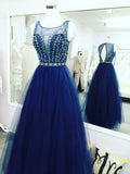 Fashion Royal Blue Tulle Beaded Back O Long Prom Dresses Evening Gowns Party Dress