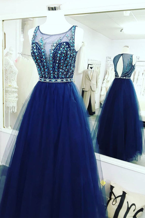 Fashion Royal Blue Tulle Beaded Back O Long Prom Dresses Evening Gowns Party Dress