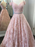A Line Princess Pink Lace Backless Drop Sleeves Prom Dresses Evening Gown Party Dress