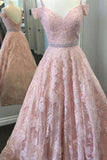 A Line Princess Pink Lace Backless Drop Sleeves Prom Dresses Evening Gown Party Dress
