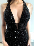 Open Back Mermaid Prom Dresses,Black Prom Dresses,Deep V Neck Heavy Beaded Prom Dress