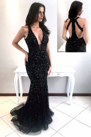 Open Back Mermaid Prom Dresses,Black Prom Dresses,Deep V Neck Heavy Beaded Prom Dress