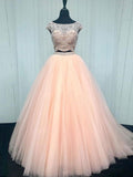 2 Pieces Cap Sleeves Blush Pink Ball Gown Prom Dresses