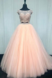 2 Pieces Cap Sleeves Blush Pink Ball Gown Prom Dresses