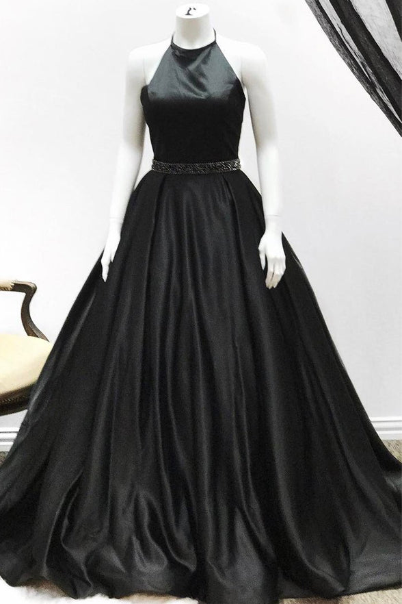 A Line Black Satin Prom Dresses Evening Dress Party Gowns