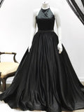 A Line Black Satin Prom Dresses Evening Dress Party Gowns