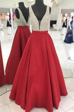 A Line V Neck Red Satin Beads Backless Long Prom Dresses Evening Gowns Party Dress
