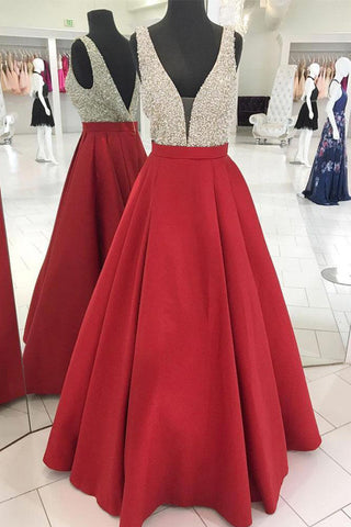 A Line V Neck Red Satin Beads Backless Long Prom Dresses Evening Gowns Party Dress