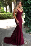 New V Neck Backless Straps Burgundy Lace Mermaid Prom Dresses Evening Party Dress