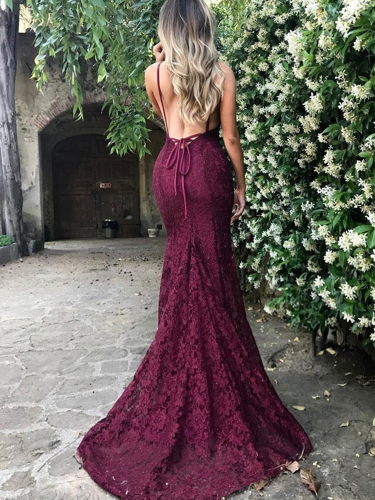 New V Neck Backless Straps Burgundy Lace Mermaid Prom Dresses Evening Party Dress